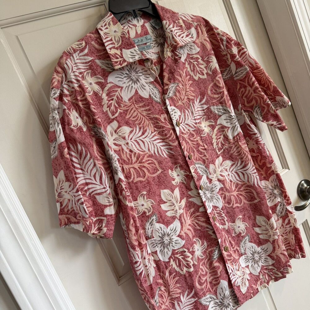 Batik Bay Shirt Mens M Maroon Tan Reverse Print Hawaiian Aloha Tropical Leaf